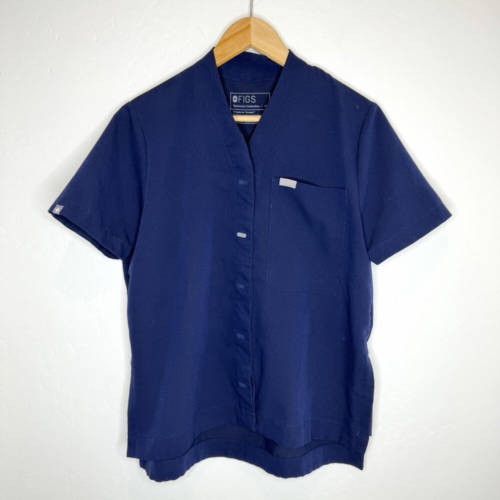 Figs Button Up Scrub Top Shirt Womens Medium Navy Blue